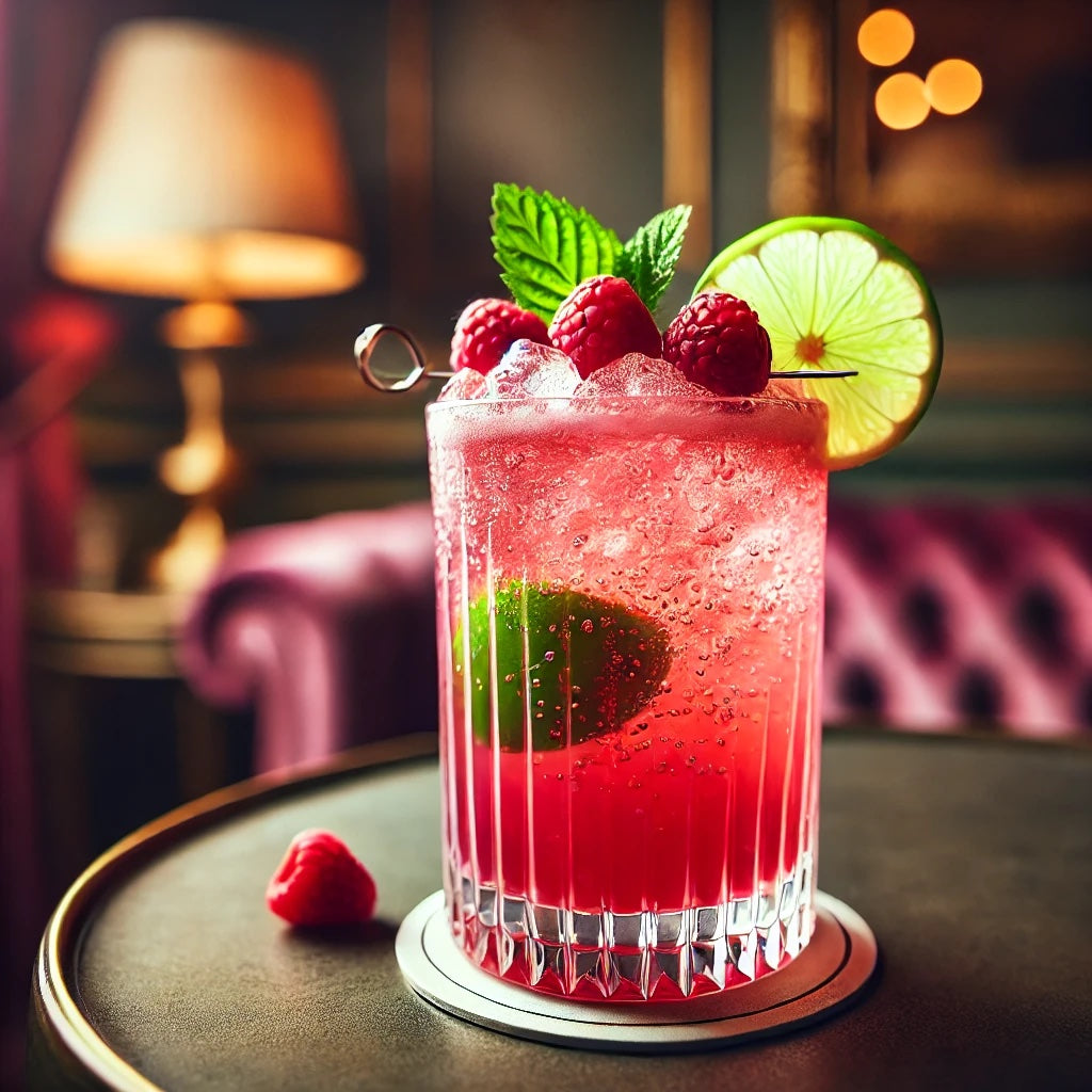 Himbeer Caipirinha im Tumbler mit Eis, Limette, Minze und frischen Himbeeren auf Tisch in Bar Ambiente