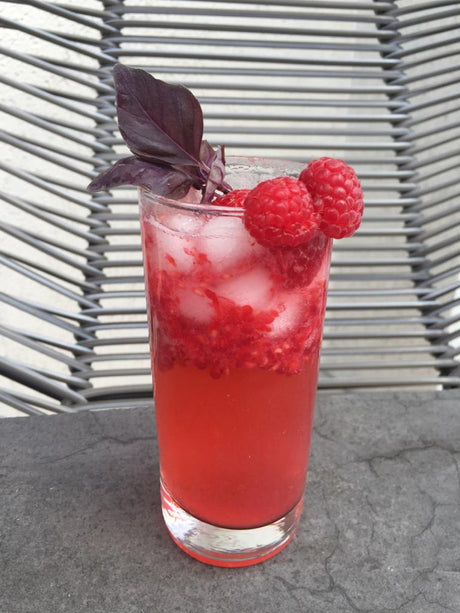 Himbeerlimonade mit Eis, frischen Himbeeren und Basilikum im Longdrinkglas auf grauer Tischplatte serviert