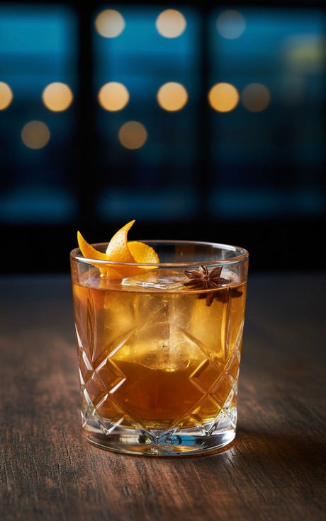 Old-Fashioned Cocktail im Tumbler mit Eiswürfeln, Orangenzeste und Sternanis auf dunkler Holzoberfläche.