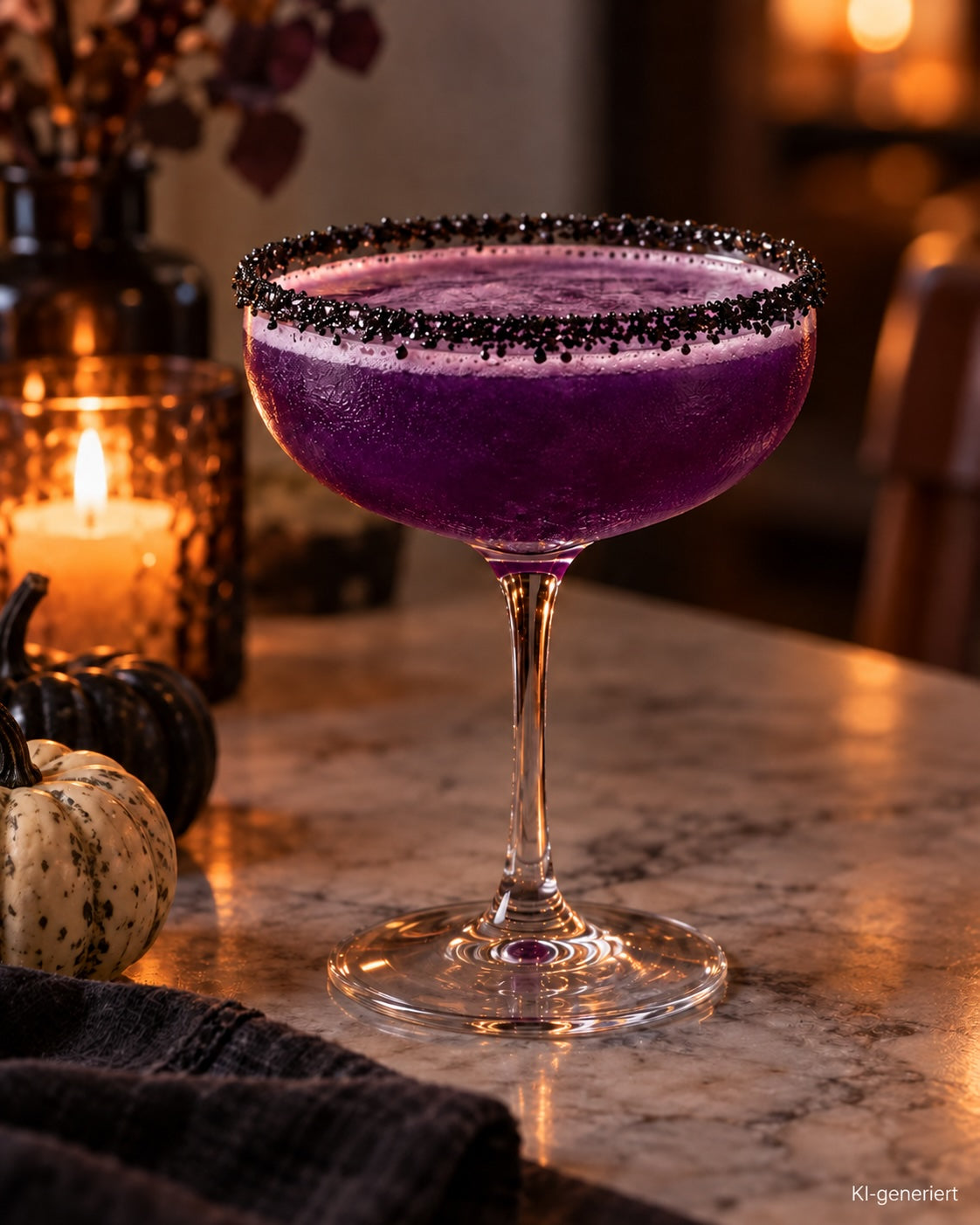 Lilac Witch Cocktail in tiefem Violett mit schwarzem Zuckerrand, serviert in einer Coupette vor herbstlicher Halloweenkulisse.