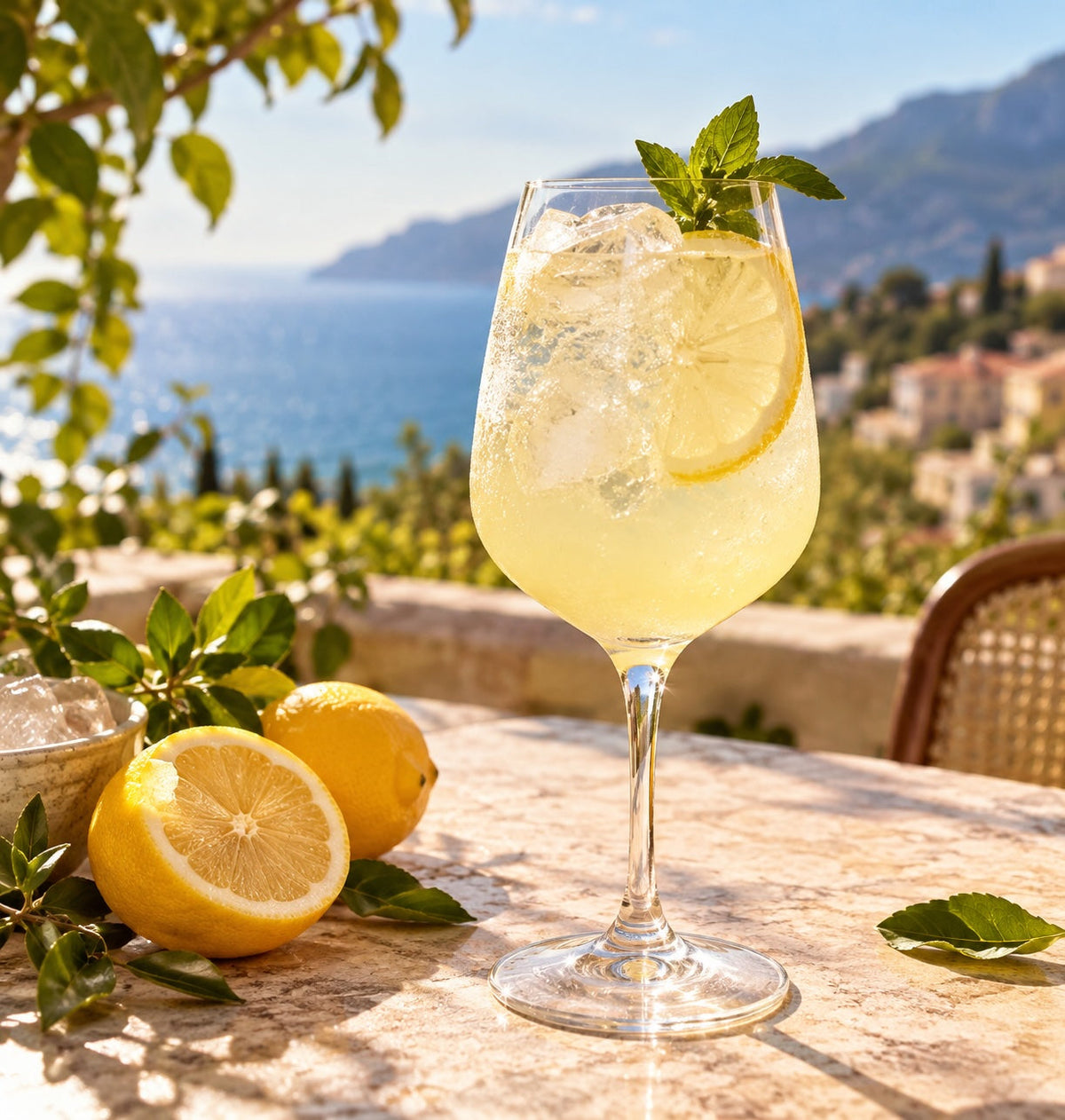 Alkoholfreier Limoncello Spritz mit Eiswürfeln, Zitronenscheibe und Minze auf einer sonnigen Terrasse mit Meerblick.