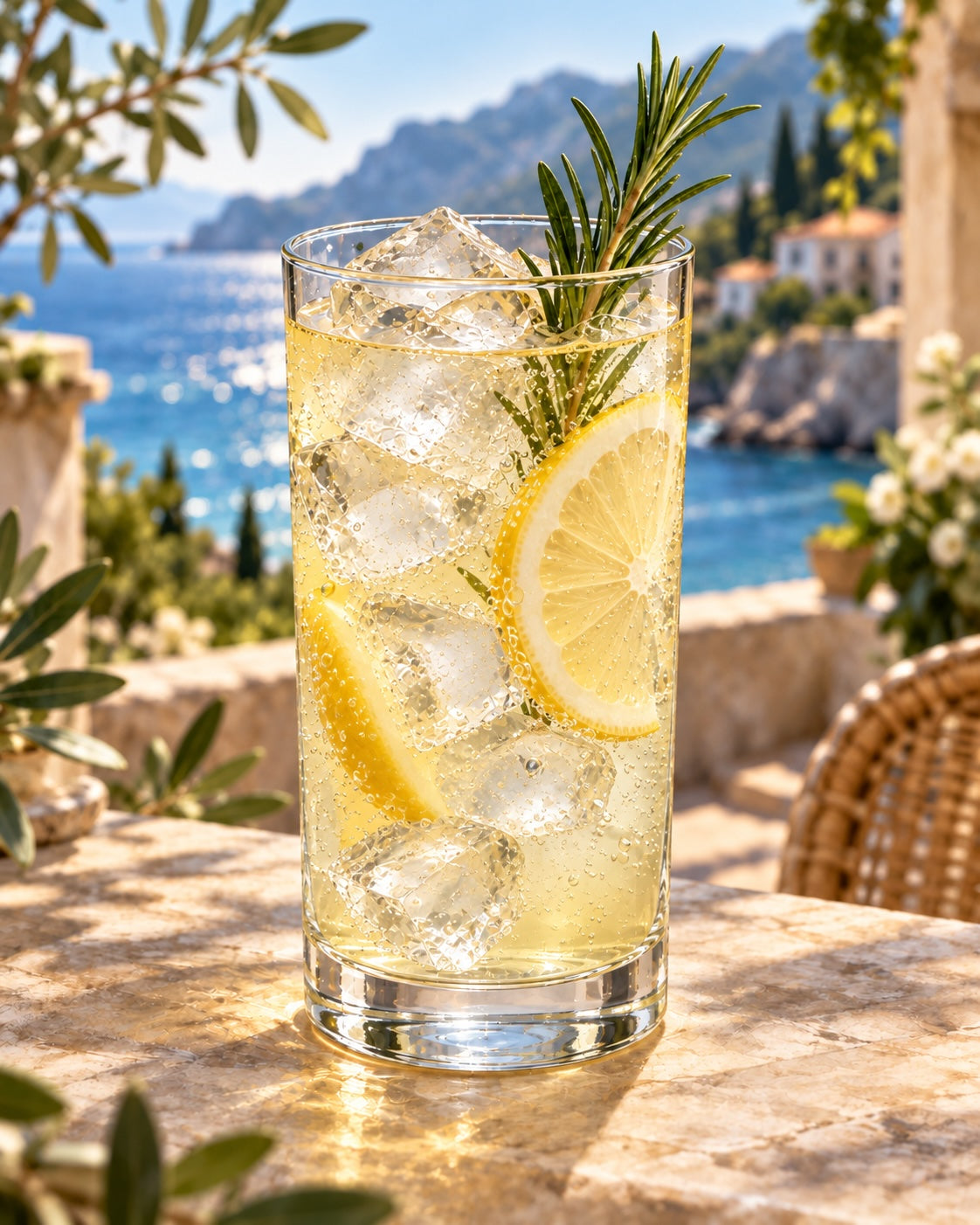 Alkoholfreier Limoncello Tonic mit Eiswürfeln, Zitrone und Rosmarin auf einer sonnigen Terrasse mit Blick auf die Küste.