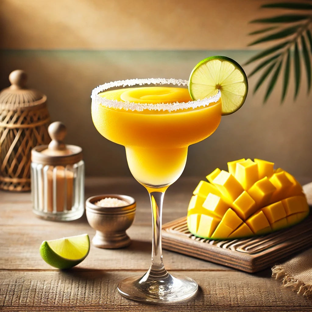 Mango Margarita Cocktail mit Salzrand, Limettenscheibe und frischer Mango-Dekoration auf einem Holztisch serviert.