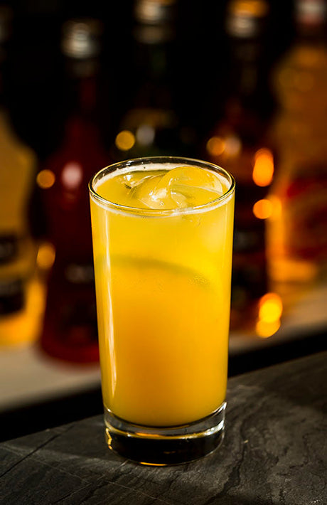 Mango Spicy Collins Cocktail in einem hohen Glas mit Eiswürfeln und Zitronenscheibe, stimmungsvoll beleuchtete Bar im Hintergrund.