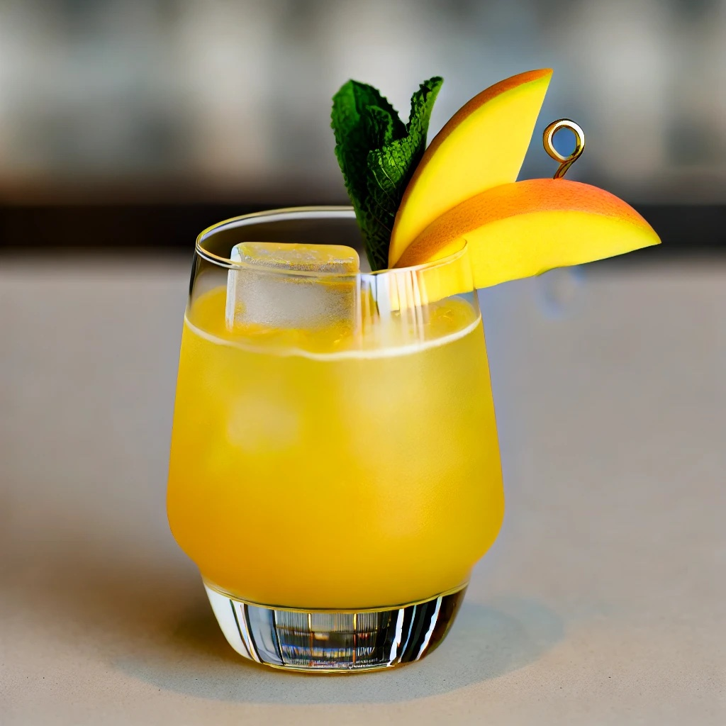 Mango Virgin Sour im Tumbler mit Eis, Mango Garnitur und Minze, gelber Cocktail auf Tisch