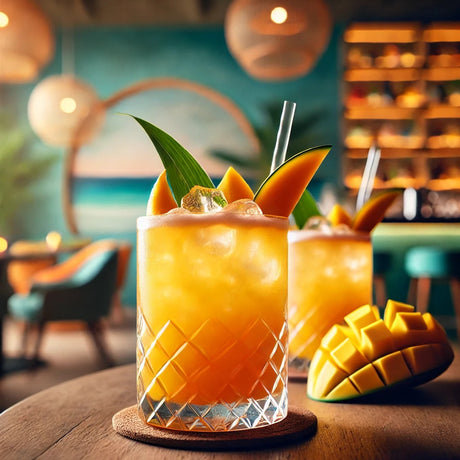 Carnebal Batida Cocktail in einem verzierten Glas mit Eis, Mangostücken und Palmenblatt, vor tropischem Barhintergrund.