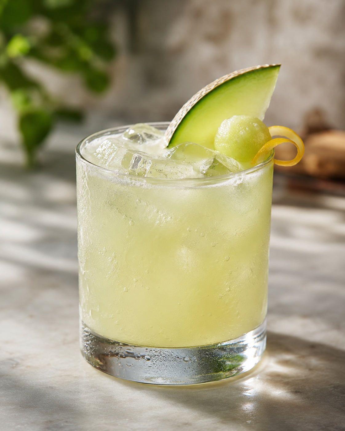 Hellgrüner Melon Virgin Sour im Rocks-Glas mit Eis, Melonenkugel, Melonenspalte und Zitronenzeste auf hellem Tisch