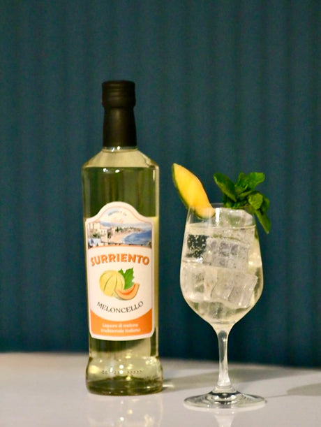 Meloncello Spritz im Weinglas mit Eis, Melonenspalte und Minze neben Meloncello Flasche vor dunklem Hintergrund
