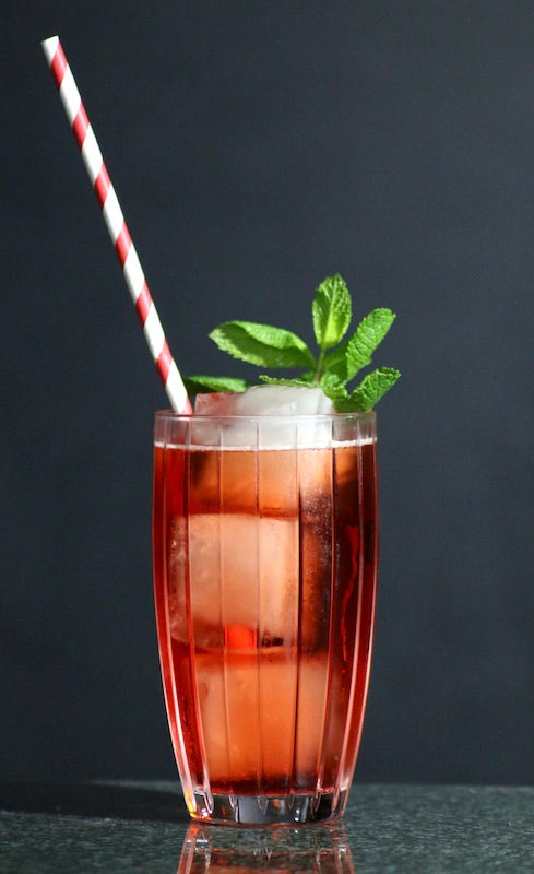 Nalgaa Cocktail im Glas mit Eis, roter Farbe, Minze und gestreiftem Strohhalm vor dunklem Hintergrund