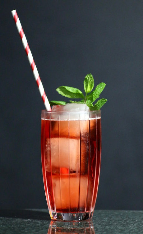 Nalgaa Cocktail im Glas mit Eis, roter Farbe, Minze und gestreiftem Strohhalm vor dunklem Hintergrund