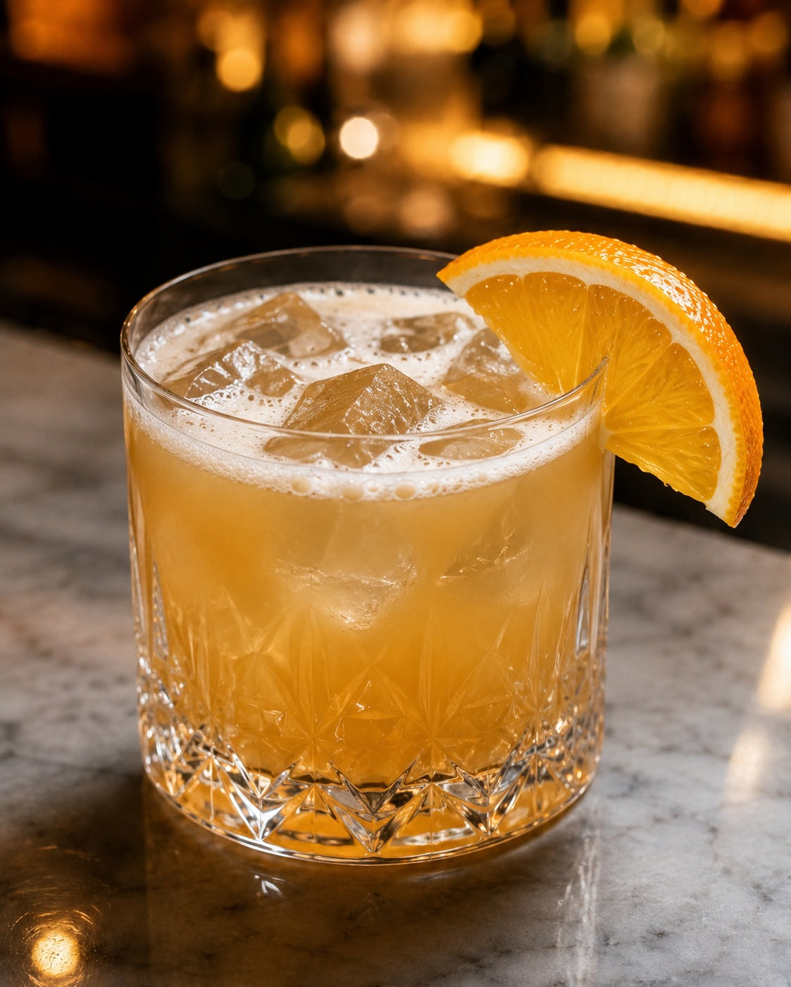 Pacharan-Orangensaft-Cocktail im Kristalltumbler mit Eis und Orangenscheibe