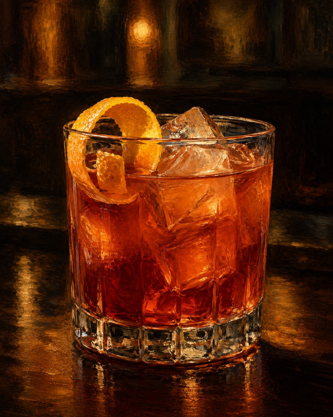 Rabo de Galo Cocktail im Tumbler mit Eiswürfeln und Orangenzeste vor dunklem Barhintergrund