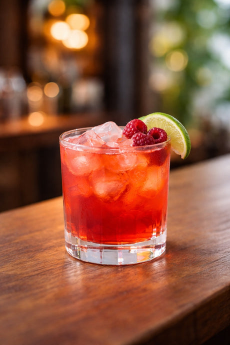 Raspberry Woo Woo Cocktail im Old-Fashioned-Glas mit Eis, Limettenscheibe und Himbeeren auf einer Bar-Theke