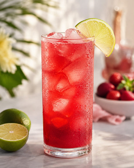 Red Surprise alkoholfreier Cocktail im Highball-Glas mit Eis und Limettenscheibe auf hellem Tisch