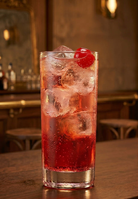 Shirley Temple Cocktail: Rotes Leuchten im Highball-Glas mit viel Eis und einer stiellosen Kirsche vor Bar-Kulisse.
