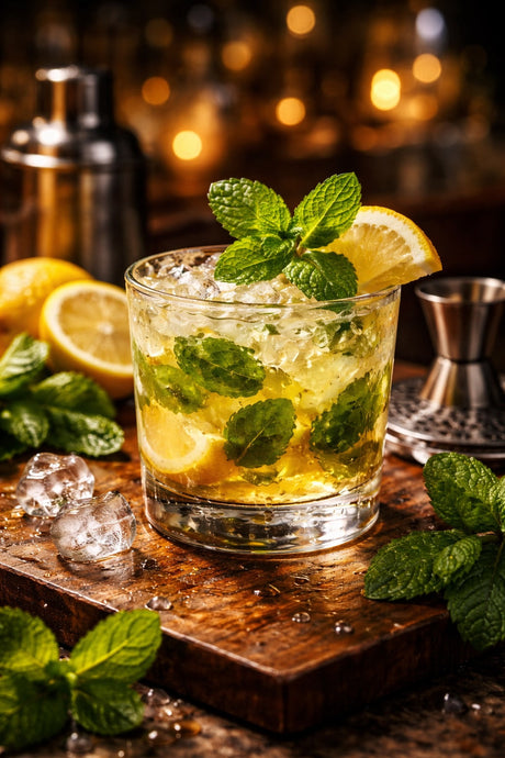 Smash Cocktail mit Minze, Zitronenspalte und Crushed Ice auf einer Bar mit warmem, unscharfem Hintergrund.