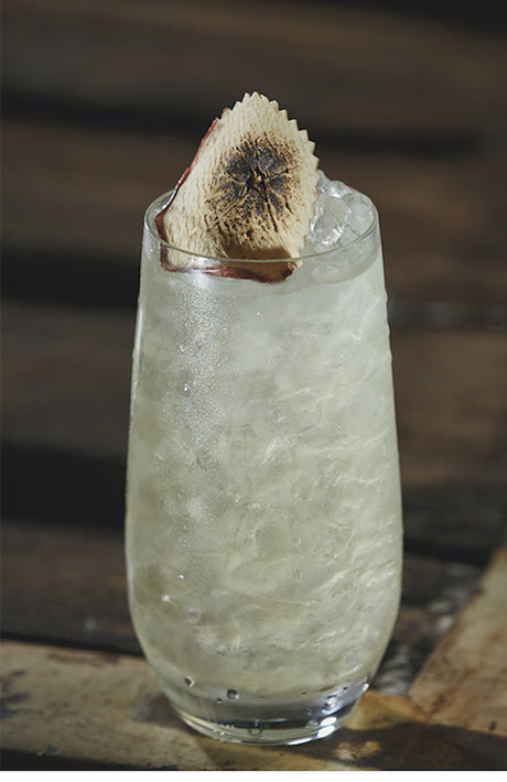 Bordeaux Breeze Cocktail im Highballglas mit Crushed Ice und getrockneter Fruchtscheibe auf Holzoberfläche.
