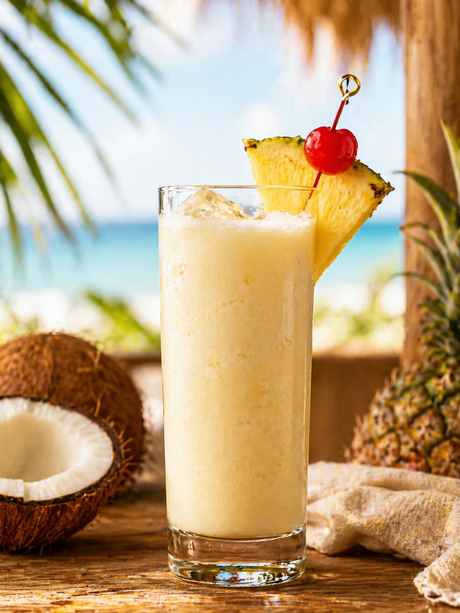 Virgin Colada im Highball-Glas mit Ananas und Kirsche, serviert mit Eis vor tropischem Hintergrund