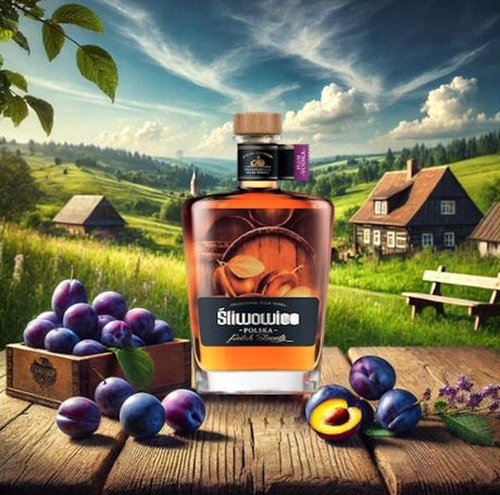 1233 Śliwowica Polska Flasche mit Holzverschluss, umgeben von frischen Pflaumen in ländlicher Landschaft mit traditionellen Häusern.