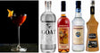 ADA Aperitif-Cocktail-Set mit Cocktail im Glas, Gin, rotem Wermut, Maraschino Likör und Ginger & Chili Sirup nebeneinander gestellt.