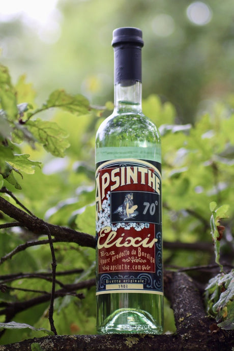Grüne Flasche Apsinthe Elixir von Bordiga mit rotem Etikett, goldener Schrift und 70 % Vol., platziert auf einem Ast zwischen grünen Blättern.