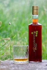 Aguardenteiro Miel Honiglikör-Flasche neben einem Glas mit Honiglikör, auf grünem, naturbelassenem Hintergrund.