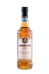 Amaretto Bordiga Mandellikör Flasche mit weißem Etikett auf weißem Hintergrund