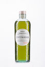 Grüne Glasflasche Amaro Centum Herbis Monasticus von Bordiga mit Naturkorken und geprägter Oberfläche.