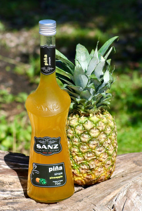 Ananassirup Sanz 0,7L mit frischer Ananas auf einem Holzstamm, sonnige Naturkulisse im Hintergrund.