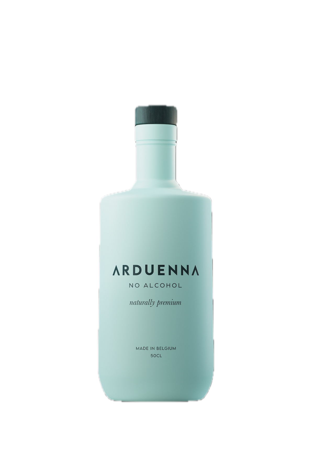 Flasche Arduenna No Alcohol Gin-Alternative 0,5 l in mattem Hellblau mit schwarzem Deckel vor neutralem Hintergrund