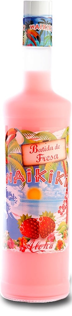 Batida de Fresa Waikiki in rosa Flasche mit Erdbeer-Motiv und tropischem Etikett auf weißem Hintergrund