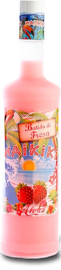 Batida de Fresa Waikiki in rosa Flasche mit Erdbeer-Motiv und tropischem Etikett auf weißem Hintergrund