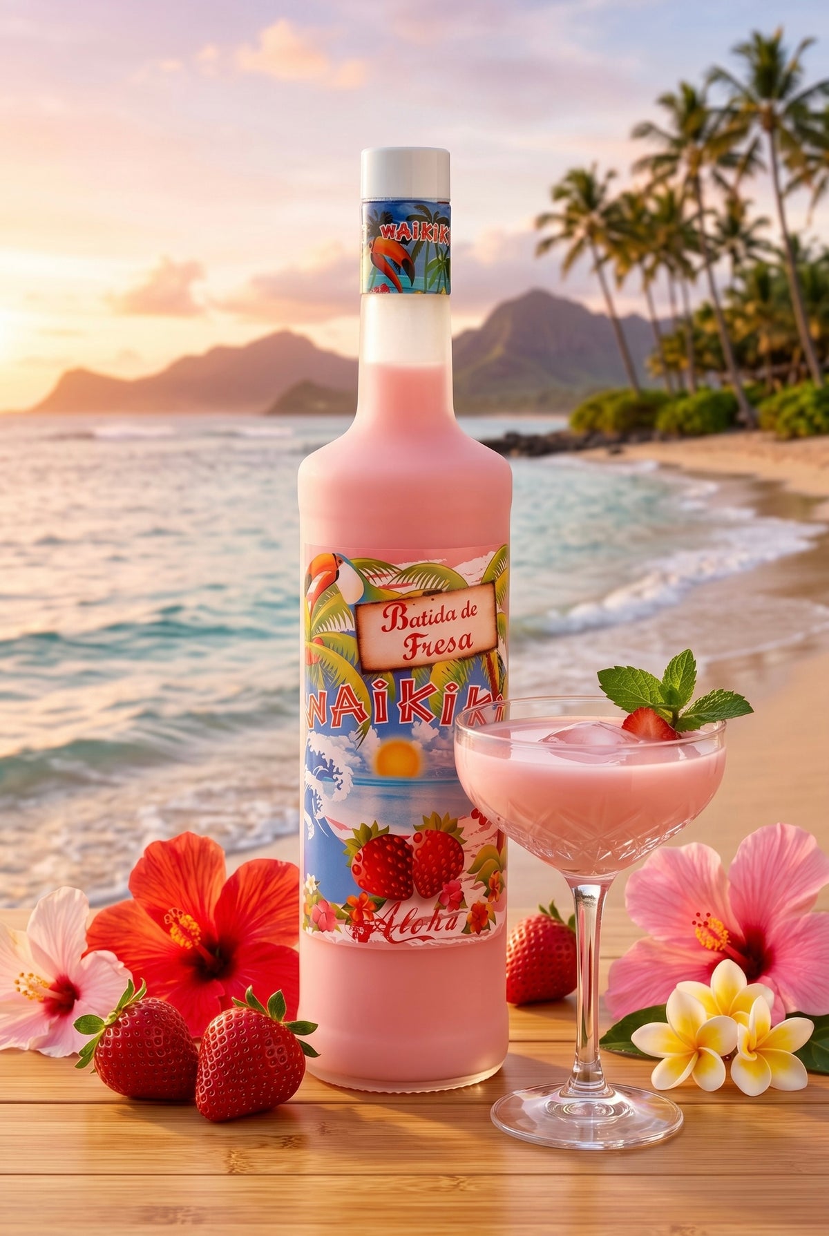 Waikiki Batida Fresa Flasche am hawaiianischen Strand bei Sonnenuntergang mit Hibiskusblüten und Erdbeeren.