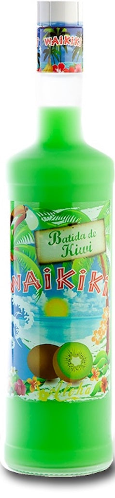Flasche Batida de Kiwi Waikiki, leuchtend grüne Farbe, mit tropischem Etikett und Kiwi-Motiv