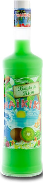 Flasche Batida de Kiwi Waikiki, leuchtend grüne Farbe, mit tropischem Etikett und Kiwi-Motiv