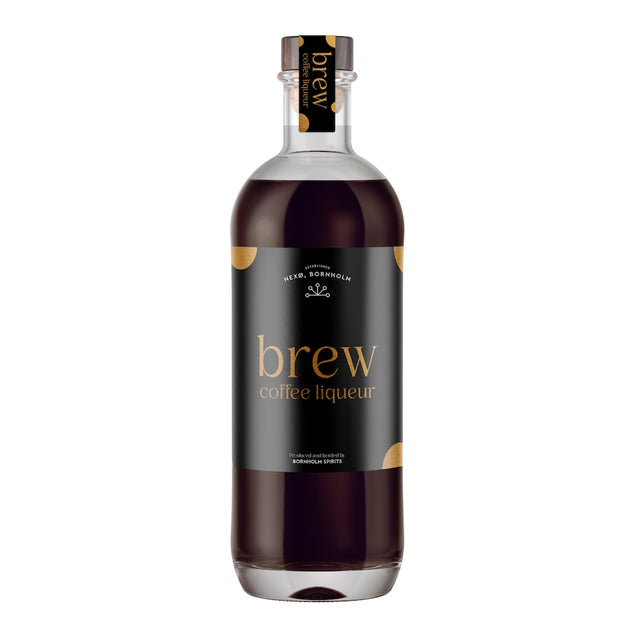 Flasche Brew Coffee Liqueur von Bornholm Spirits, 700 ml, mit schwarzem Etikett und goldener Schrift auf weißem Hintergrund.