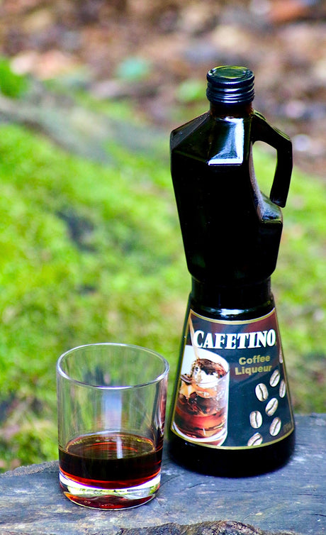 Cafetino Coffee Liqueur in Espressokanne-Flasche mit eingeschenktem Rocks Glas auf Holzuntergrund, grüner Hintergrund