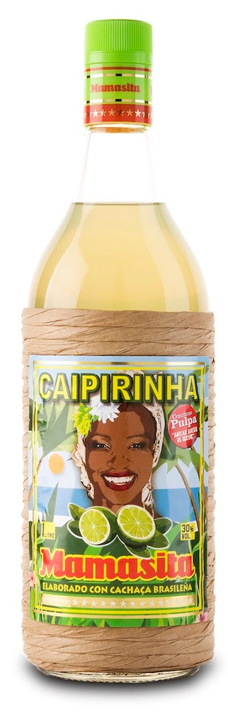 Mamasita Caipirinha Cocktail Mix Flasche mit brasilianischem Motiv und grüner Kapsel auf weißem Hintergrund