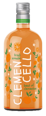 Orangefarbene Clemencello Likörflasche mit silbernem Deckel. Das Etikett zeigt "Clemencello" und "best of clementine".