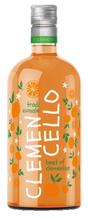 Orangefarbene Clemencello Likörflasche mit silbernem Deckel. Das Etikett zeigt "Clemencello" und "best of clementine".