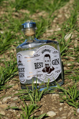 Germar's Best Gin Flasche im Frühling auf einem Feld, umgeben von grünem Gras und Steinen, mit Fokus auf das Etikett.