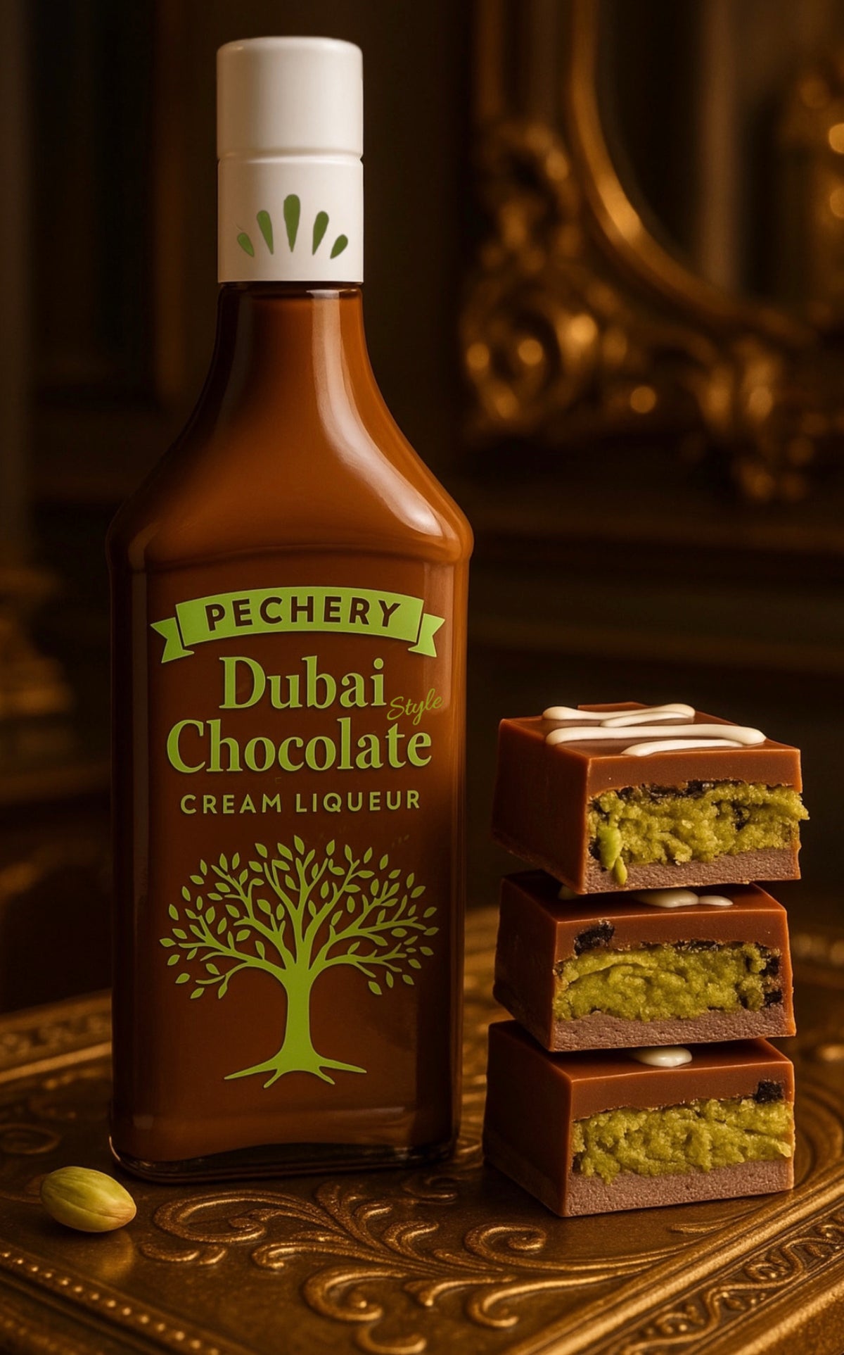 Flasche Pechery Dubai Chocolate Cream Liqueur neben drei Pralinen mit Pistazienfüllung auf goldverziertem Tisch.