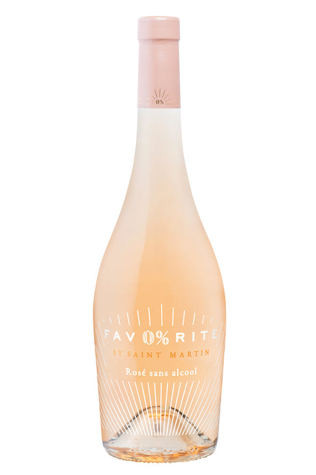 Flasche Fav0%rite Rosé sans alcool von Saint Martin mit hellroséfarbenem Inhalt und modernem Etikettendesign.