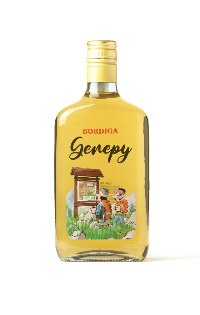Flasche Genepy Ciao Likör von Bordiga mit gelbem Inhalt und einer Bergwanderer-Illustration von Ciao Comix auf dem Etikett.