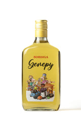 Flasche Genepy Ciao Likör von Bordiga mit gelbem Inhalt und einer humorvollen Illustration von Ciao Comix, die Bergsteiger beim Tisch zeigt.
