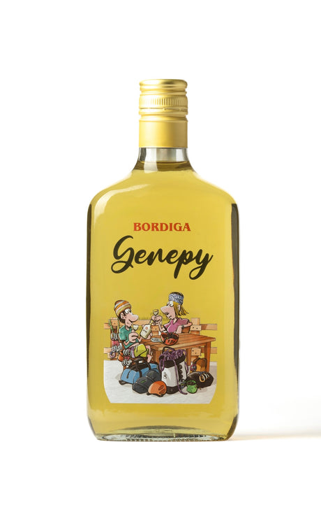 Flasche Genepy Ciao Likör von Bordiga mit gelbem Inhalt und einer humorvollen Illustration von Ciao Comix, die Bergsteiger beim Tisch zeigt.