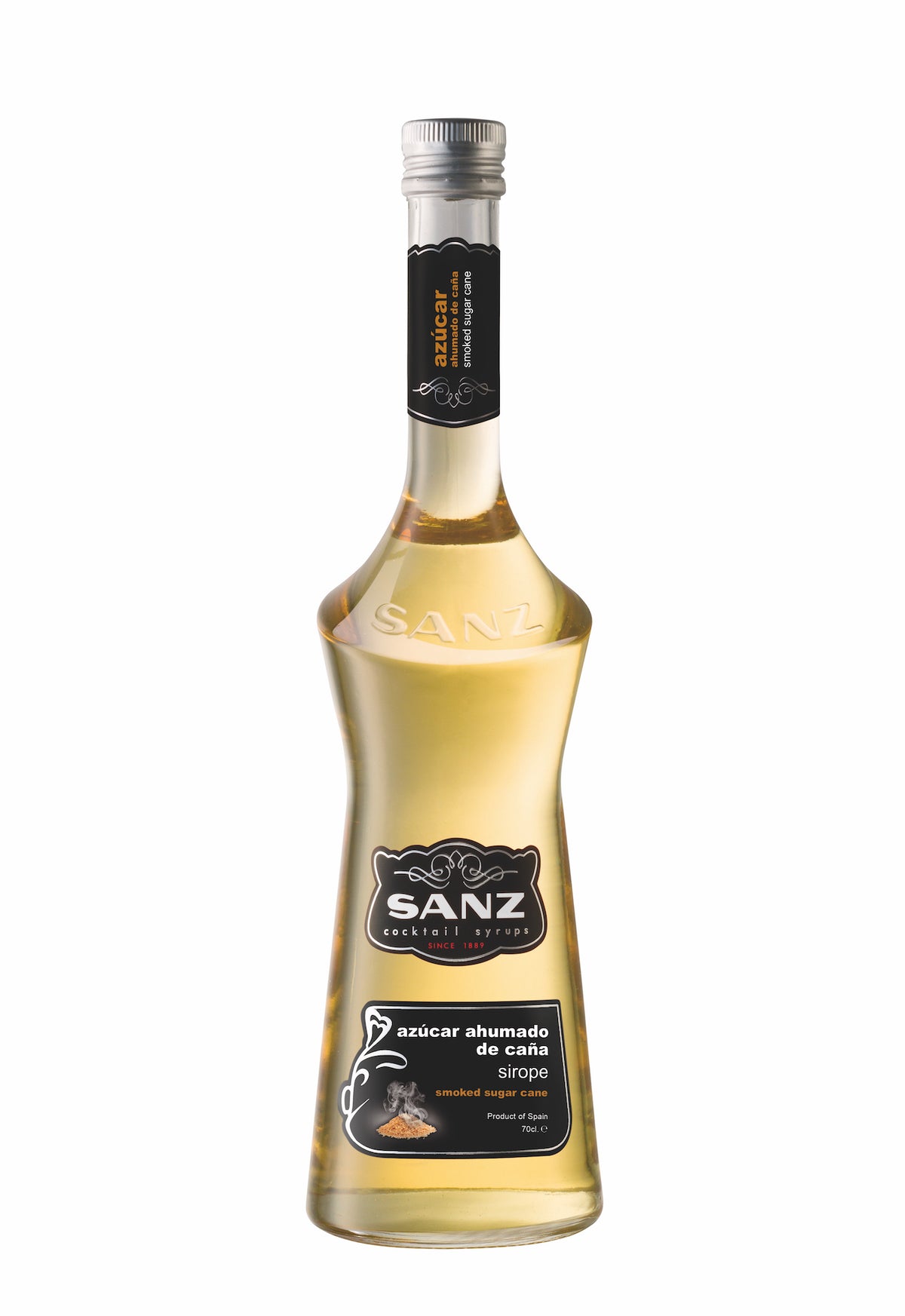 Flasche Sanz geräucherter Rohrzuckersirup mit schwarzem Etikett und goldenem Inhalt, stilvolles Design mit Prägung.
