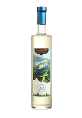 Flasche Gipfelglück Birnenlikör Schroll, 70 cl, mit blauem Verschluss und Naturmotiv auf dem Etikett