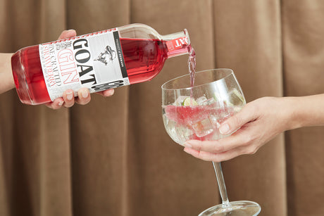 The Goat Strawberry Gin wird in ein Glas mit Eiswürfeln und Limettenscheiben für einen erfrischenden Gin & Tonic gegossen.