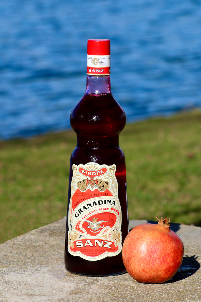 Flasche Sanz Grenadine Sirup mit einem Granatapfel, platziert auf einem Stein vor einem See mit grünem Ufer im Hintergrund.